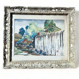Mid Century Original Landscape Watercolor Painting Waterfall And Building, Framed, Signed Cagen