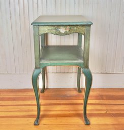 French Provincial Side Table In Green Paint With Hand Painted Flowers