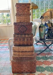Stack Of Antique Square Lidded Woven Baskets
