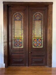 Stained Glass And Oak Doors With Original Hardware Pair (Doors Only And They Have Been Taken Down)