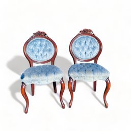 Pair Of Antique Parlor Chairs In Blue Velvet Upholstery