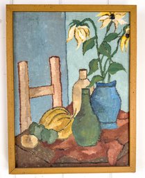 Oil On Canvas. Still Life Painting With Vase, Bottles And Gourd