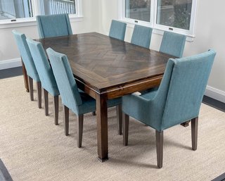Walnut Mid Century Ming Style Herringbone Inlay Top Dining Table With Two Leaves
