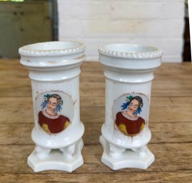 Pair Porcelain Holders With Female Portrait Painted On Front
