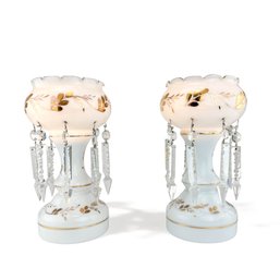 Pair Electrified Antique Opaline Glass Mantle Lamps Gilt Detail And Crystal Spears