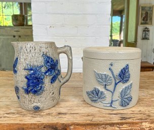 Antique Blue And White Salt Glaze  Pitcher And Covered Cantister