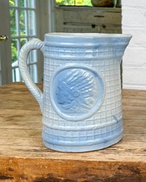 Antique Blue And White Salt Glaze, Stoneware Pitcher With Native American Motif On Waffle Background
