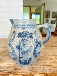 Antique German Blue And White Salt Glaze Stoneware Pitcher With Knight Or Royalty Design