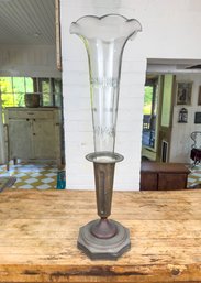 31' Tall Antique Cut Crystal Vase With Reticulated Brass Stand