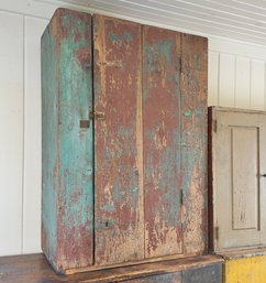 Antique Country Barn Or Farmhouse Pine Cupboard Cabinet In Distressed Green