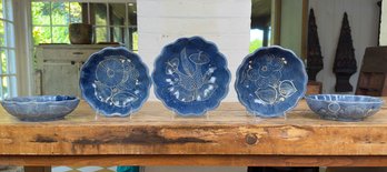 Mind Blowingly Beautiful Denim Blue Glaze Mexican Bowls With Botanical Accent