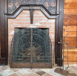 Antique Fireplace Screen And Tools With Stand