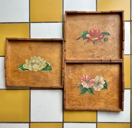 Three Wooden Trays With Hand Painted Floral Motif