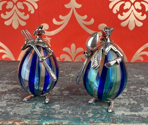 Vittorio Angini Sterling Silver & Murano Glass Clown, Pair
