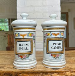 Pair Antique French Porcelan Lidded Apothecary Jars