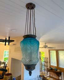 Fenton Satin Blue Glass Ceiling Pendant, Converted From Oil Lamp