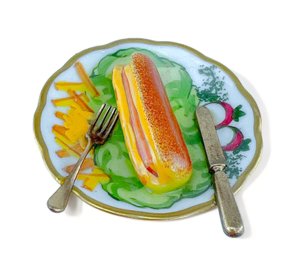 HOT DOG On A Plate Limoges Porcelain Pill Box