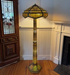 Antique Apollo Reticulated Brass Floor Lamp With Slag Glass