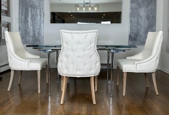 White Leather Tufted Back Dining Chairs With Nail Head Detail