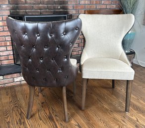 Pair Of Chairs Linen With Tufted Brown Leather Backs