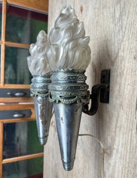 Pair Of Antique Art Nouveau Torch Sconces With  Satin Glass Flame