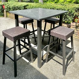 Outdoor Bistro Table With Four Stools In Faux Wicker