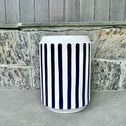 Ceramic Garden Stool, In White With Blue Stripe
