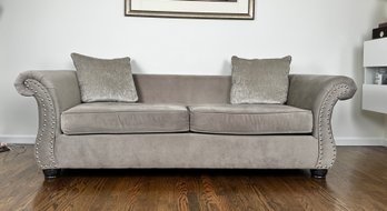 Two Cushion, Curved Arm Sofa In Grey Velvet (With 4 Throw Pillows)