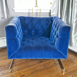 Tufted Blue Velvet Lounge Chair With Brass Frame