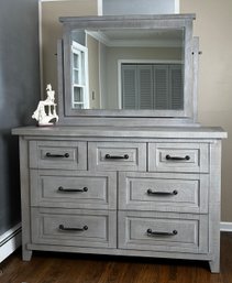 Six Drawer Dresser With Attached Hinged Mirror In Grey Wash Or Stain