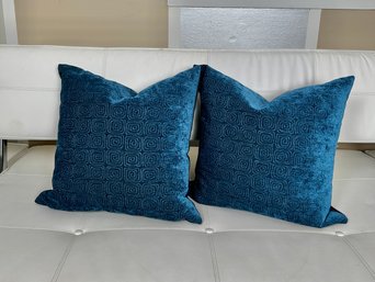 Pair Throw Pillows With Down Inserts, Dark Blue Green Velvet (sapphire Blue)
