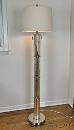 65' H Mercury Glass Column Floor Lamp With Nickel Pulls And Off White Silk Shade