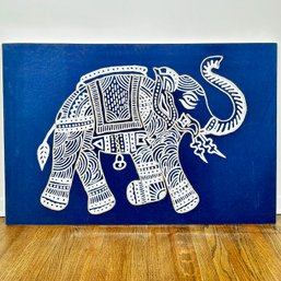 Stitched Elephant On Blue Fabric On Stretcher