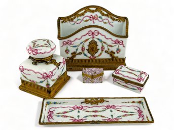 Sevres, Antique Desk Set, Porcelain, Gilt And Hand Painted Pink Detail