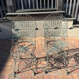 Outstanding Pair Antique French Balloon Back Wirework Garden Chairs With Green Patina