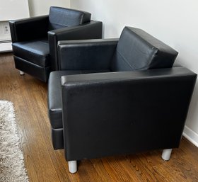 Pair Of Black Leather Modern Lounge Chairs