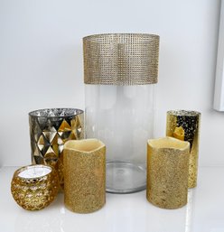 Contemporary Glittering Gold Tone  Decor Including 4 Candles (three Battery Operated) Two Vases