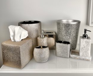 Silver And Gold Tone Bathroom Decor Toothbrush Holder, Waste Bin, Soap Dispenser, Tissue Box Cover