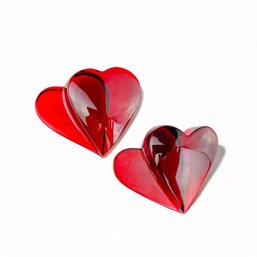 Pair, Baccarat Red Crystal Heart Paperweights