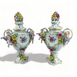 Von Schierholz Porcelain Cherub And Floral Lidded Urns