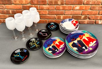 Sango Cafe Americana Table Ware, Fun Appetizer Plates And White Glass Wine Glasses