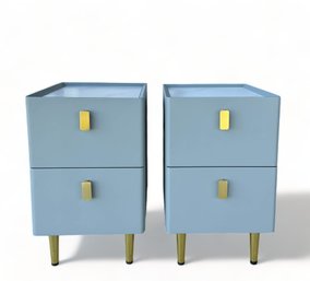 Contemporary Pair Of Grey Leather Covered, Faux Marble Top, Side Tables