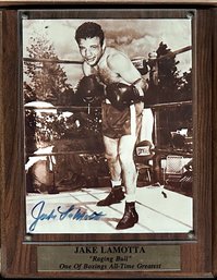 Autographed Photograph, Professional Boxer, Jake Lamotta, ' Raging Bull', Mounted On Wood Plaque Behind Glass