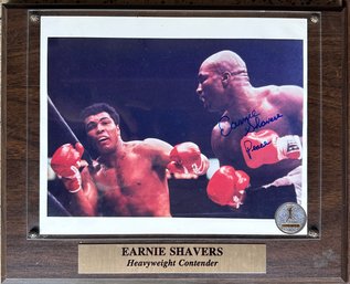 Autographed Photograph, Professional Boxer, Earnie Shavers, Mounted On Wood Plaque Behind Glass