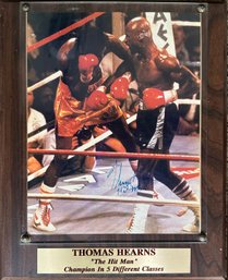 Autographed Photograph, Professional Boxer, Thomas Hearns, Mounted On Wood Plaque Behind Glass
