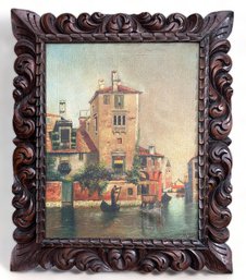 Original Oil On Canvas, Venetian Cityscape Painting In Exceptionally Carved Frame