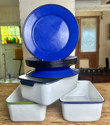 Vintage Enamelware Rectangular Storage Containers And Blue Plates