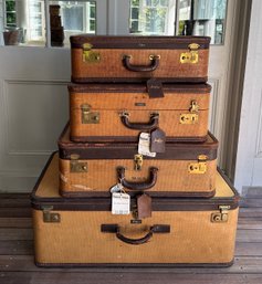Set Of 4 Amelia Earhart Vintage Luggage, Leather Trim With Grasscloth Cover