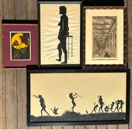 Four Framed Works On Paper Original Ink Painting, Etching, Silkscreen And Diefenbach Silhouette Print