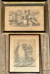 Two Original Lead Or Graphite Genre Drawings On Paper  Signed. Dated  1860 And 1868